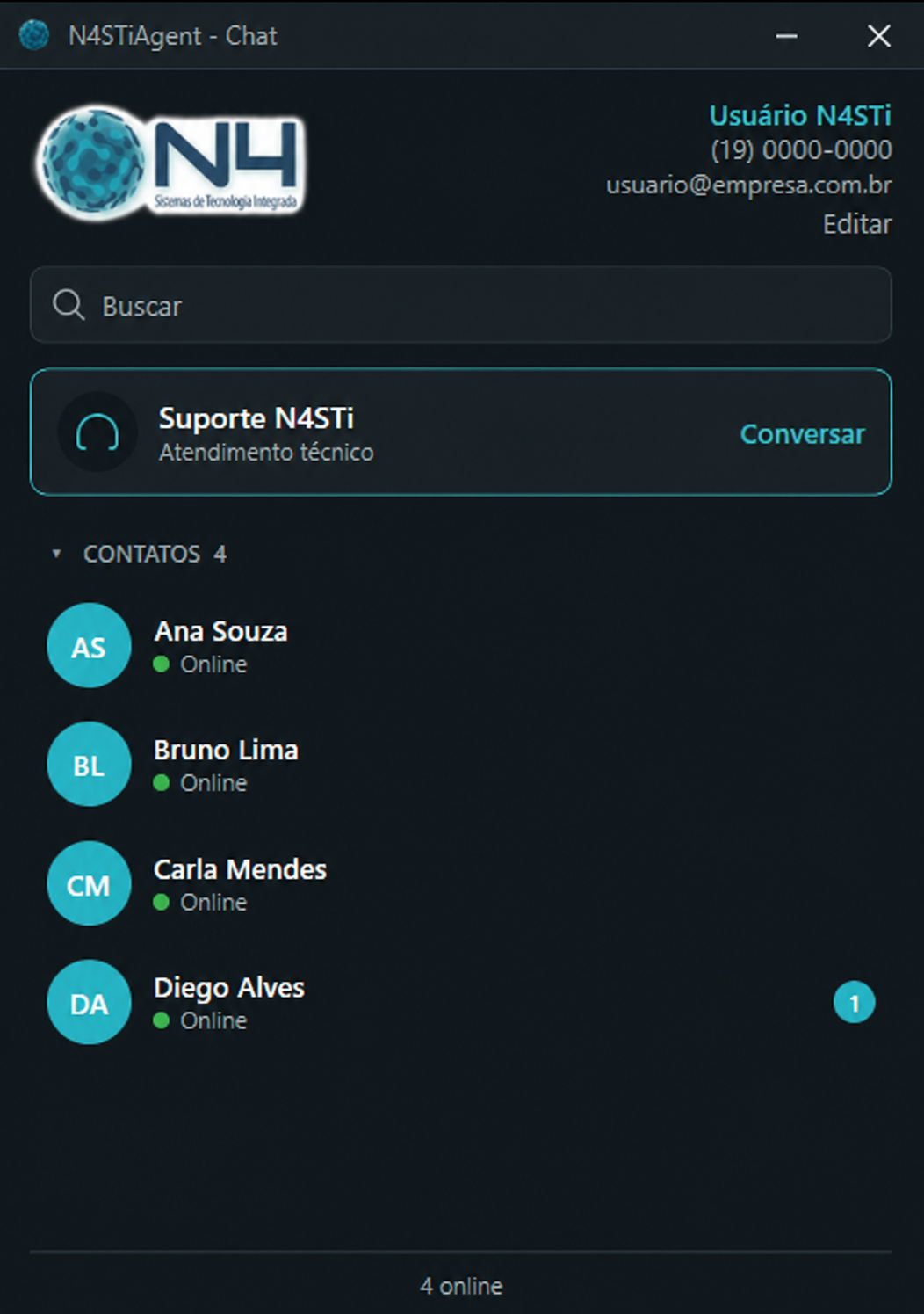 Chat do executável com acesso ao Suporte N4STi e contatos online da empresa