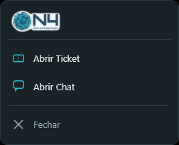 Menu rápido do executável N4STi Agent com acesso ao Check-up, Ticket e Chat